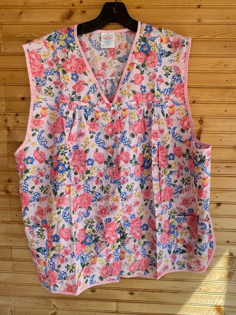Another Fine Artistic Creation VTG Art Smock Floral Pink Trim Pearl Buttons 4X